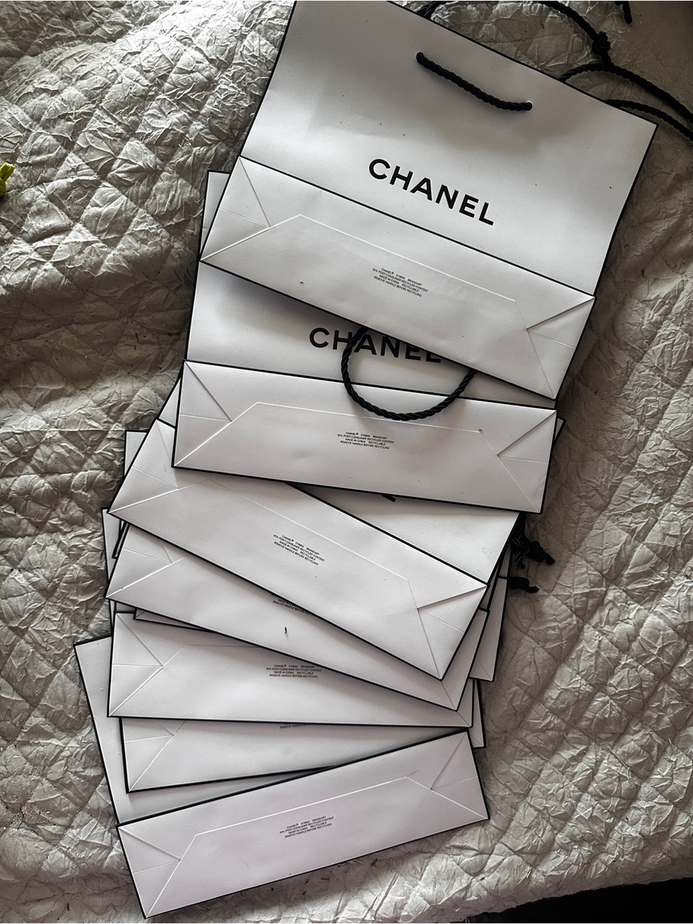CHANEL White Shopping Bags with Black Rope Handles